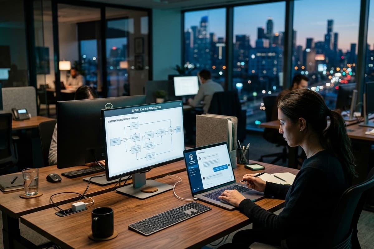 AI automation: an AI assistant and an automated workflow on screens in a modern office