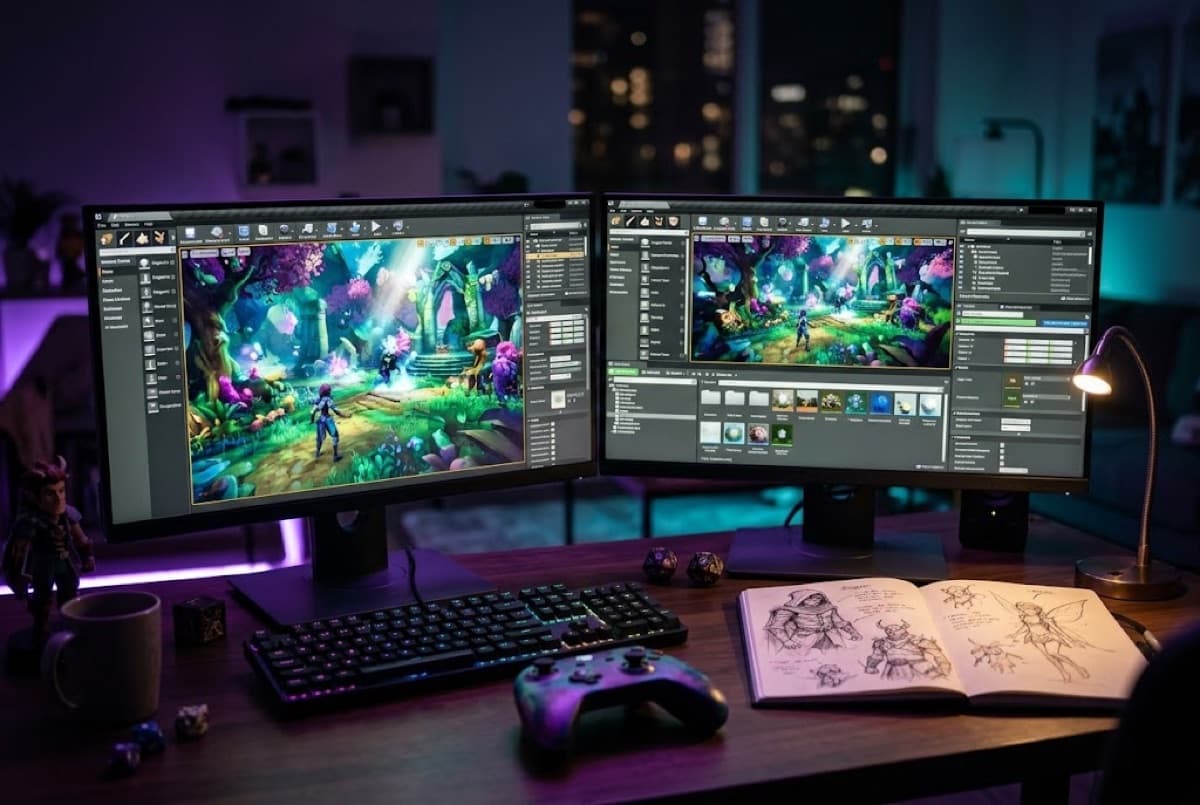 Game development: a 3D game level open in a game engine on two monitors