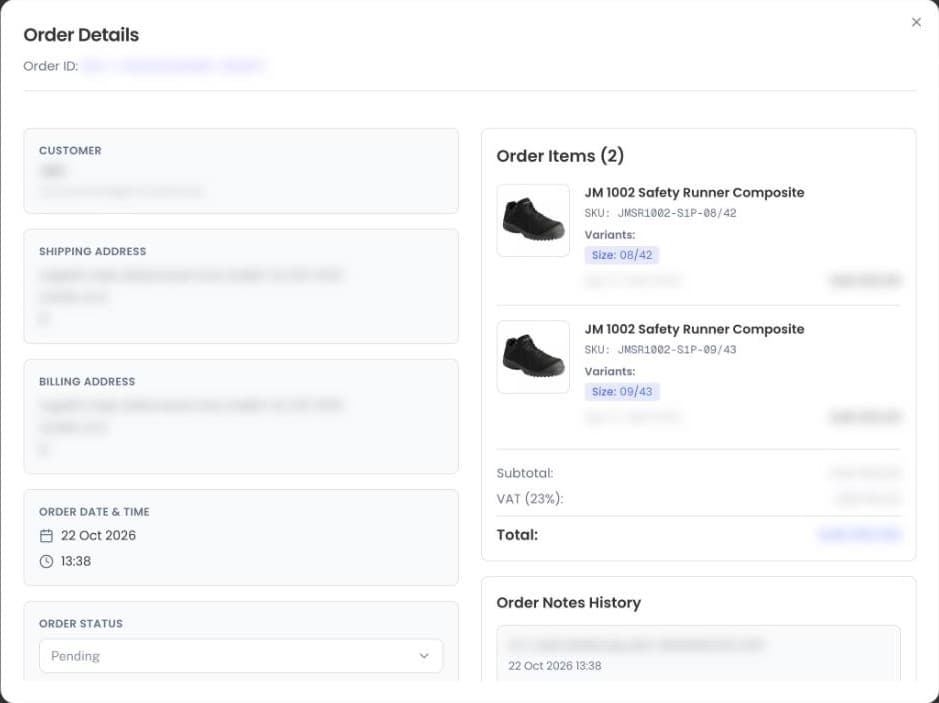 Bulk Ordering Portal: One order, many sizes, each with its own SKU, plus VAT and delivery notes