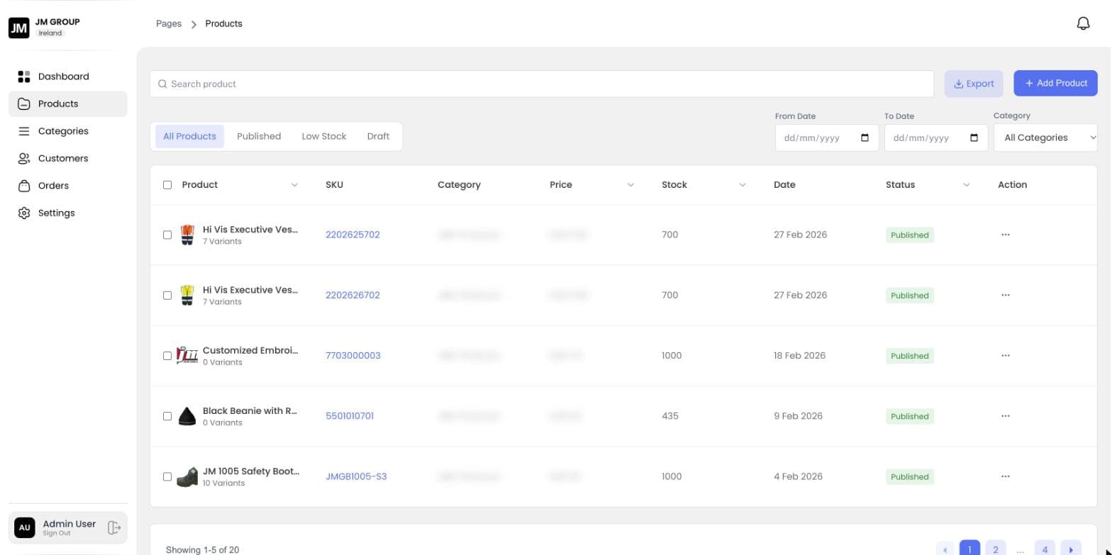 Bulk Ordering Portal: Products with SKUs, variants and stock, with a Low Stock view