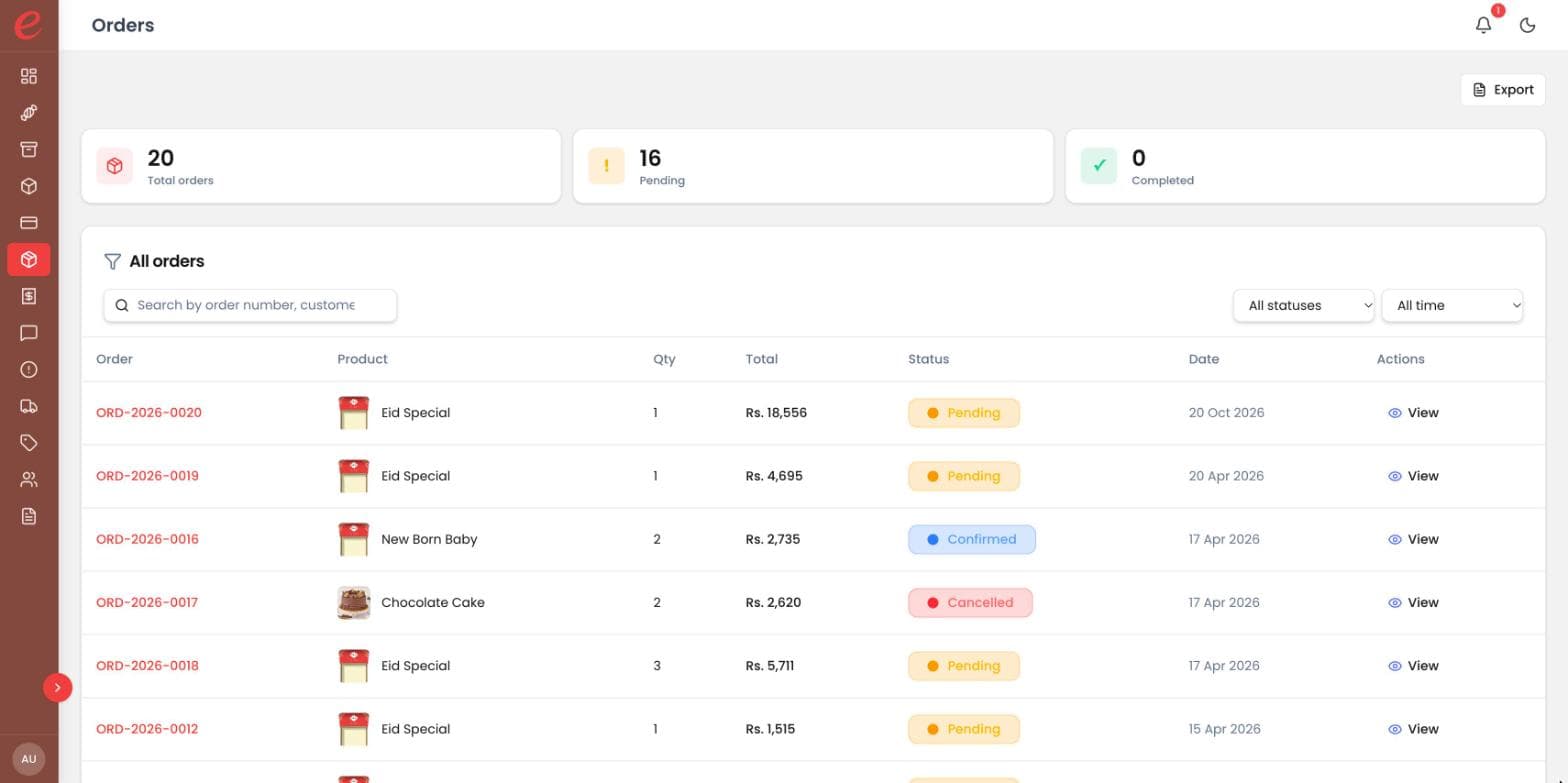 E-Mithai: Orders with status, totals and export