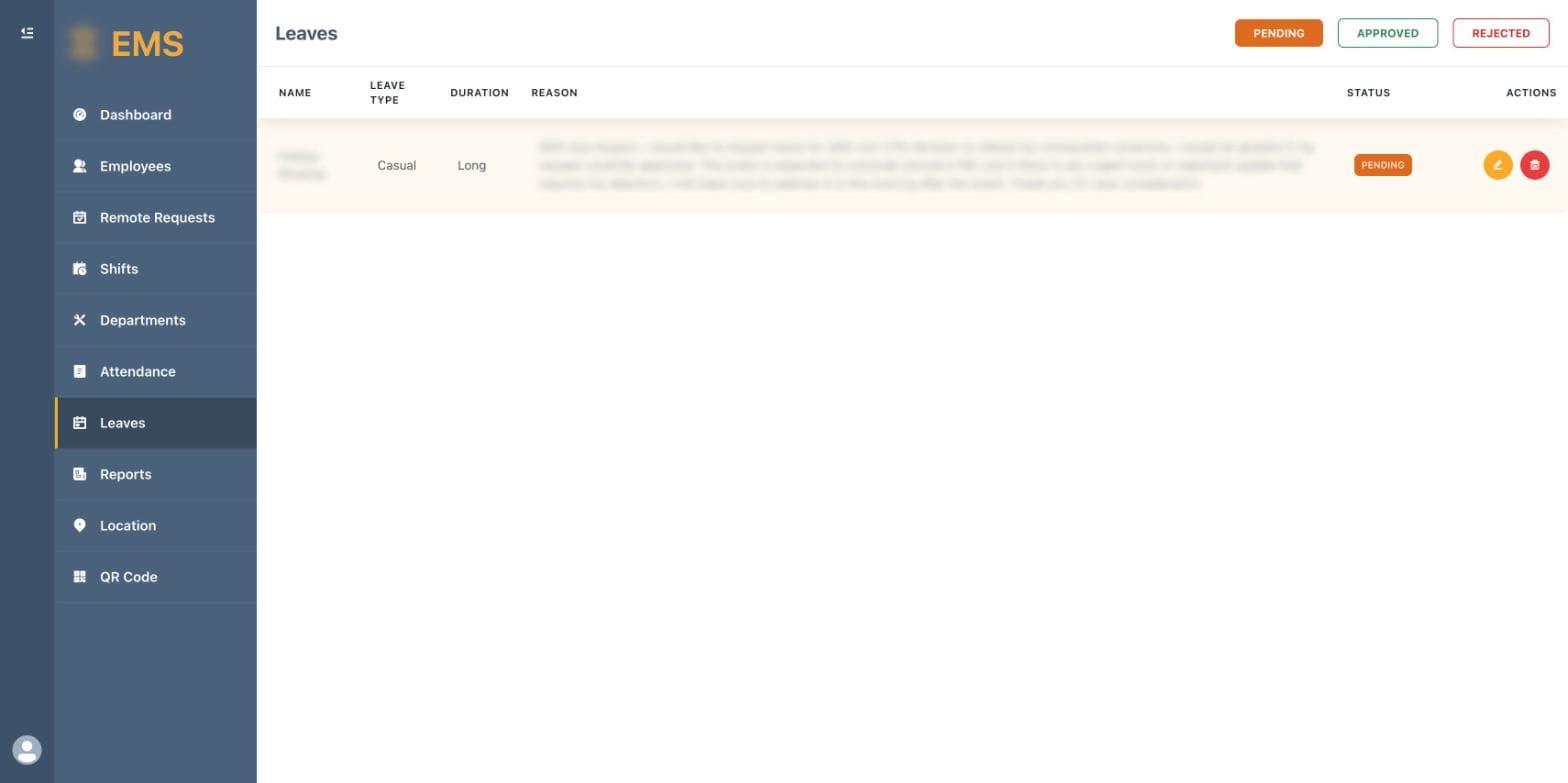 EMS: Leave requests with pending, approved and rejected