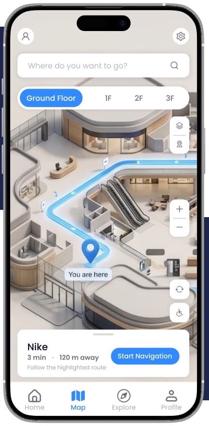 Wayfinder: Live route on a 3D floor map