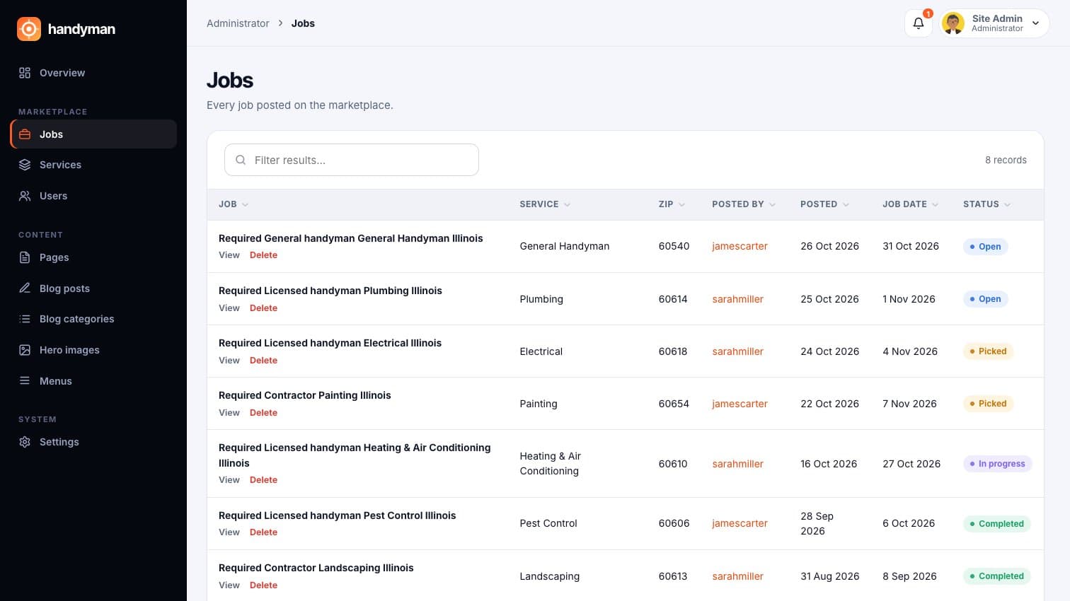 Handyman: Every job on the platform with its status
