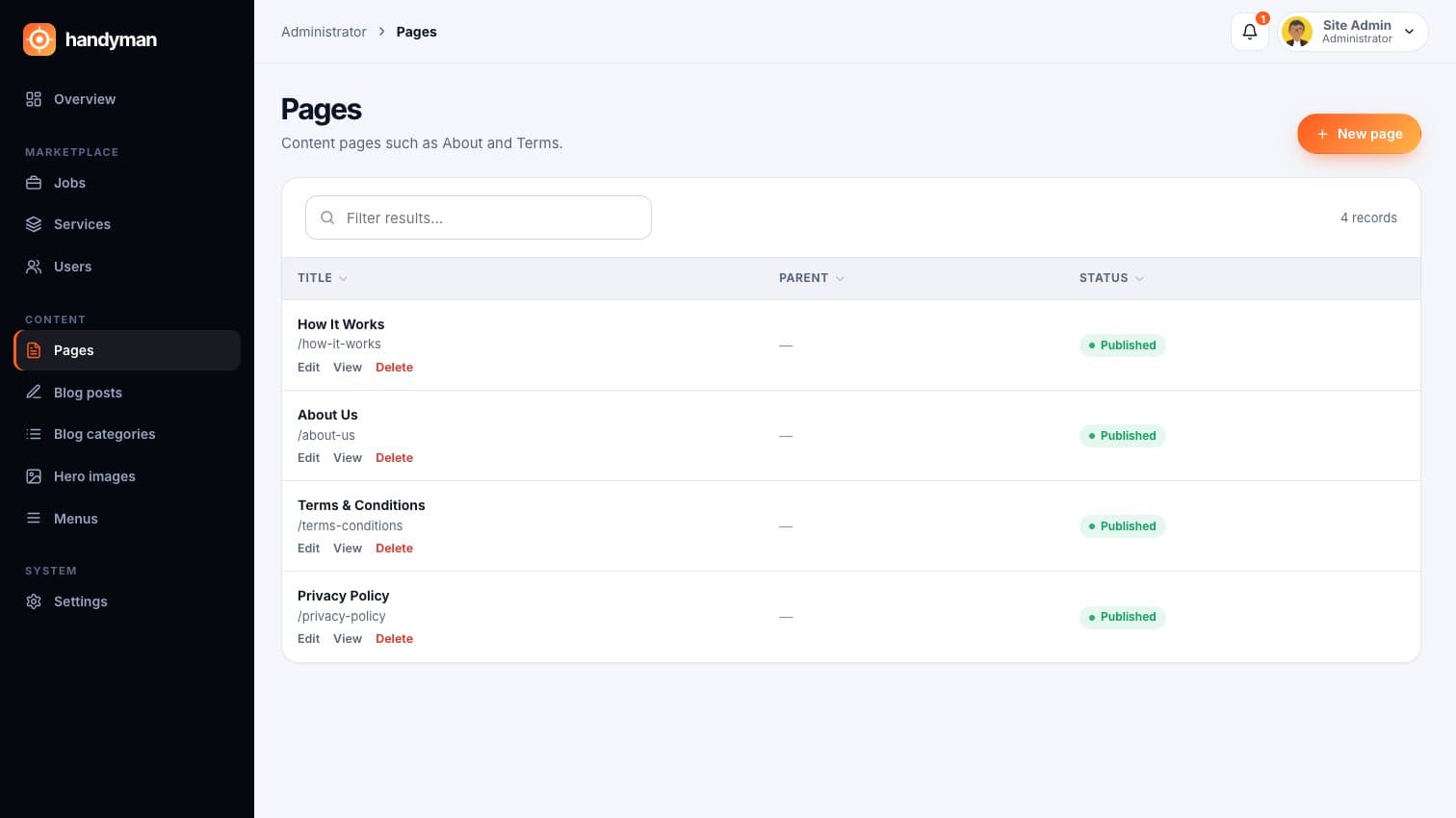 Handyman: The public website's pages, edited from the admin