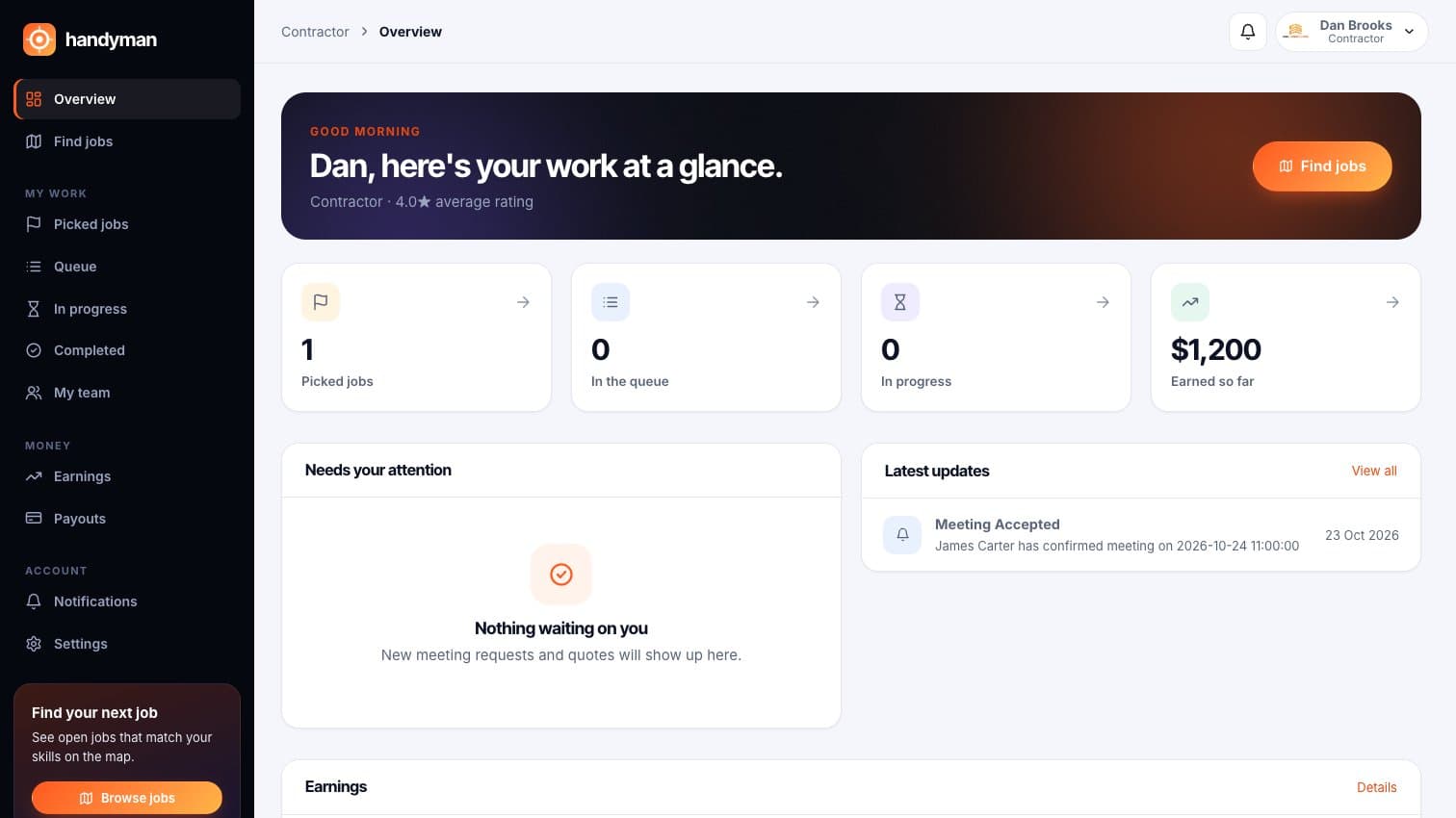 Handyman: A contractor's dashboard with confirmed visits