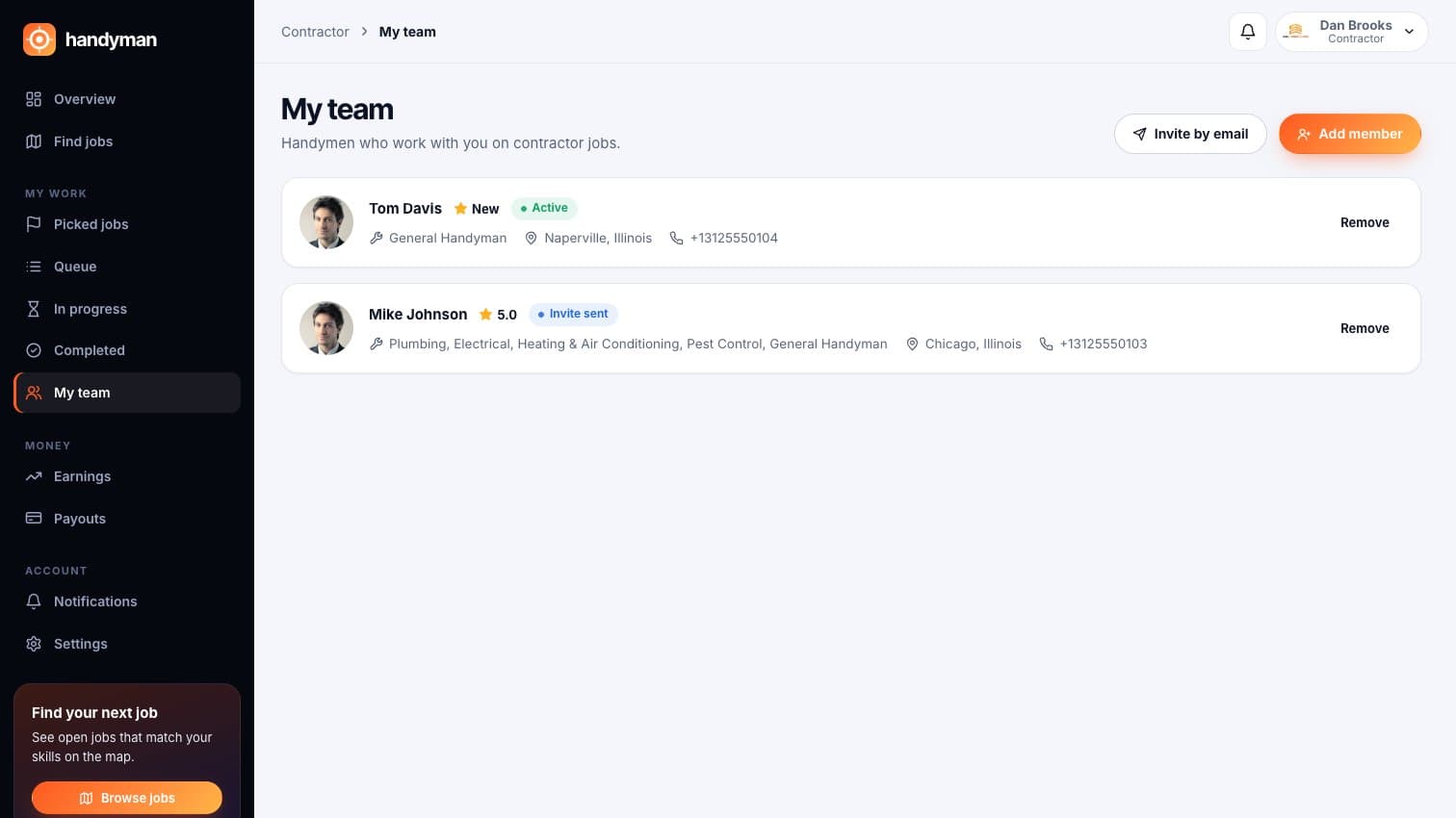 Handyman: A contractor's team, with an invite still pending