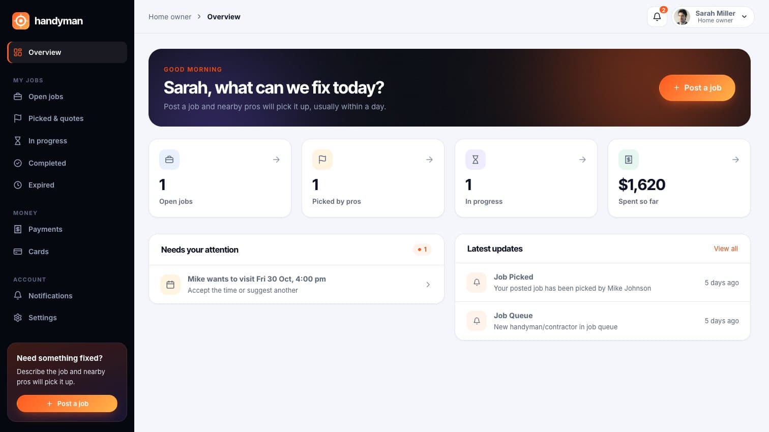 Handyman: Dashboard with what needs an answer, like a visit time to accept