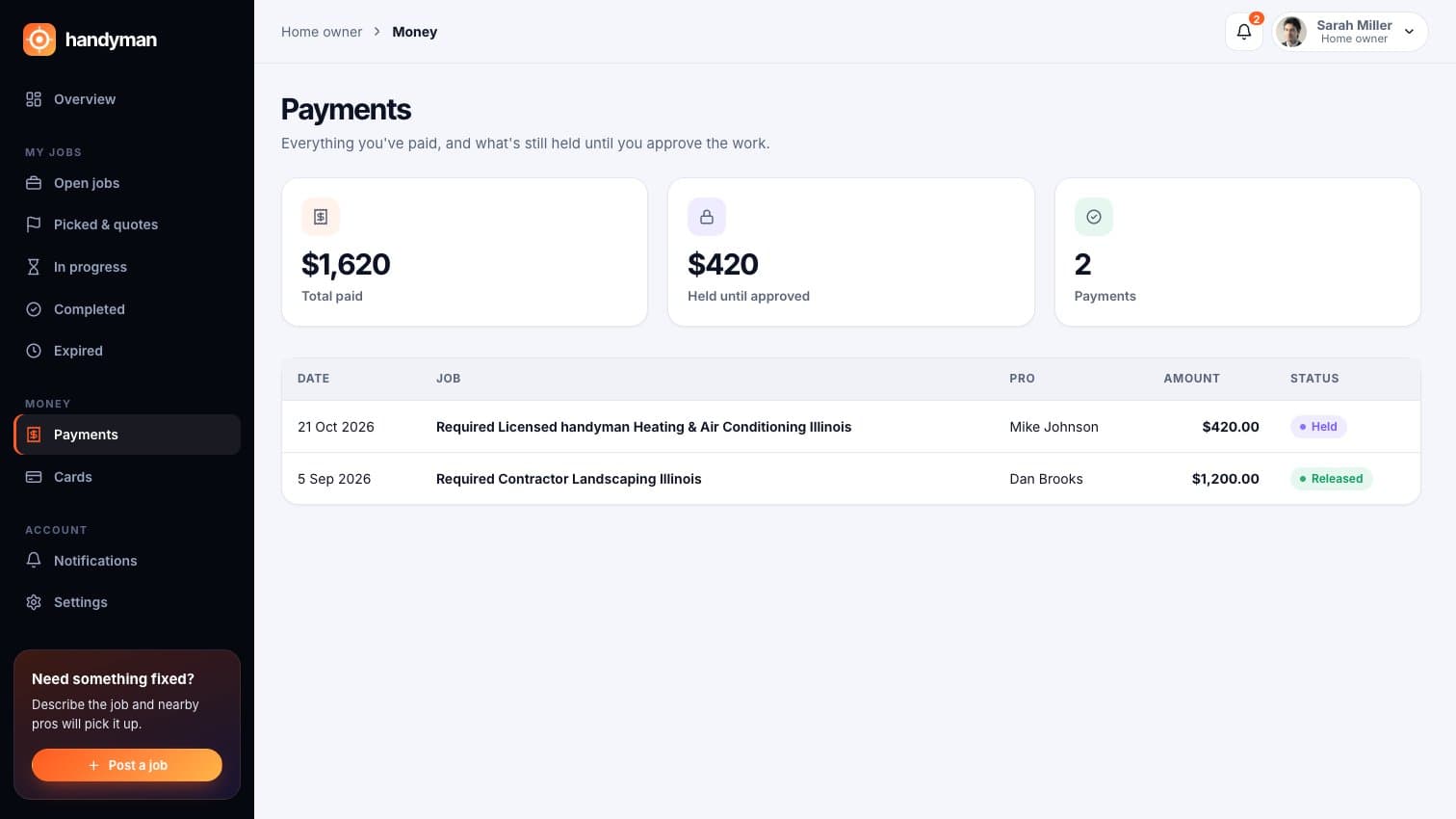 Handyman: Payments: total paid and what's still held until approval