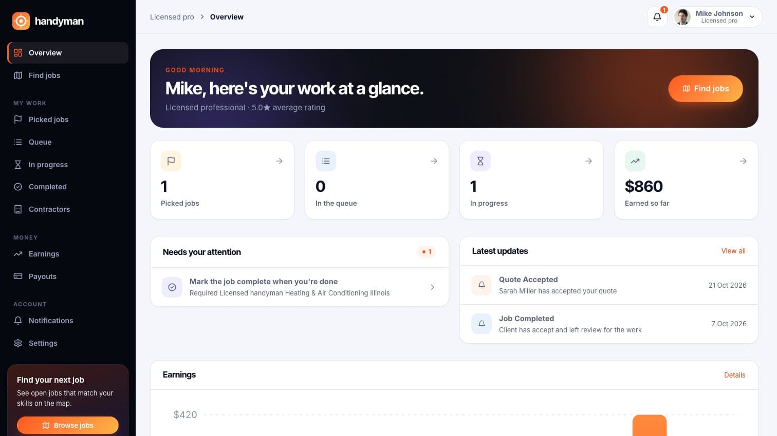 Handyman: A pro's dashboard: picked jobs, work in progress and earnings