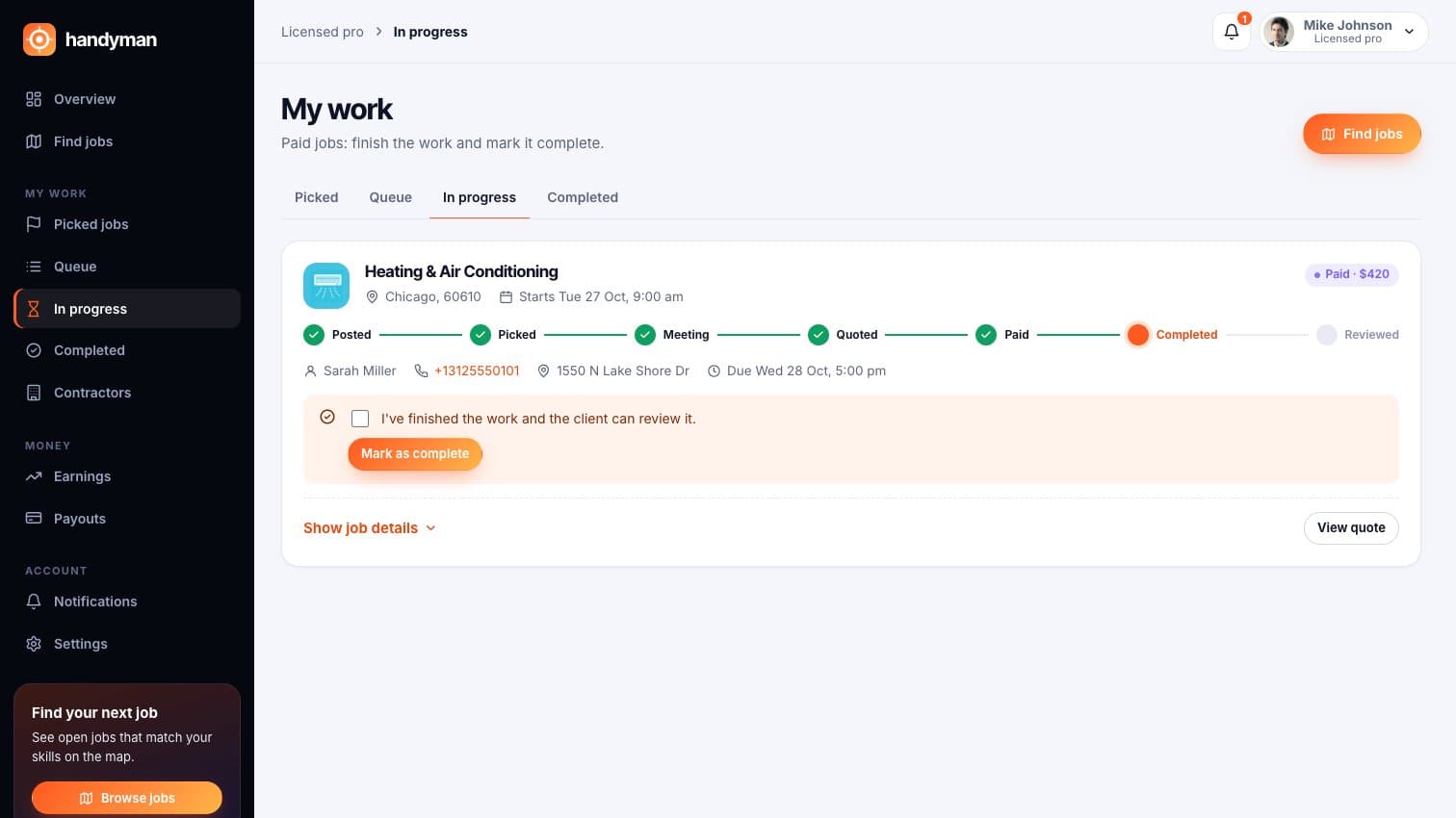 Handyman: Marking a job complete so the client can review it