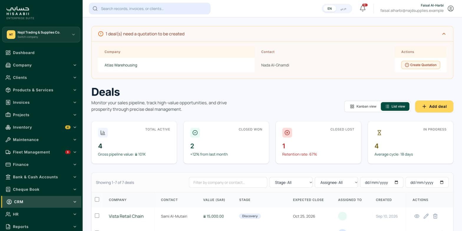 Hisaabii: CRM deals pipeline with quotation prompts