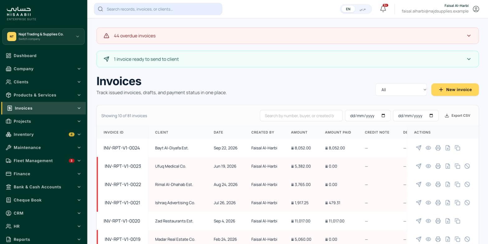 Hisaabii: Invoices with overdue and ready-to-send alerts