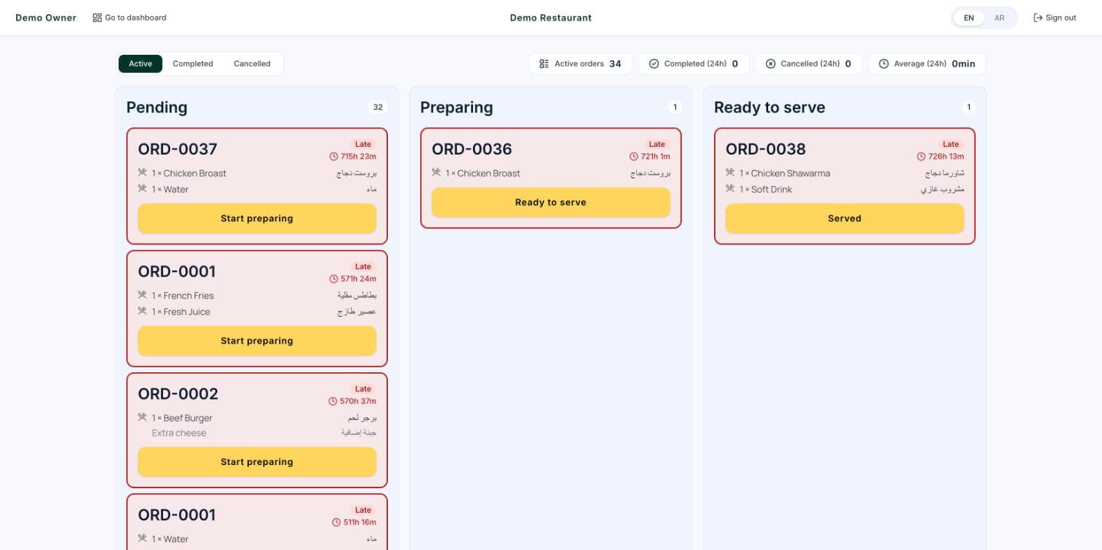 Hisaabii POS: Kitchen board: pending, preparing and ready, with late alerts