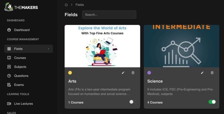 Makers LMS: Fields group courses into Arts and Science