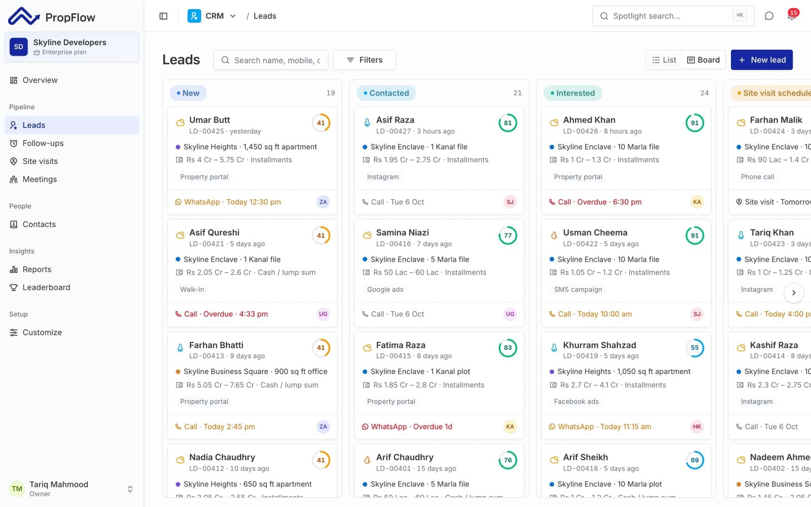 PropFlow: CRM board: every lead with its agent, score and next call