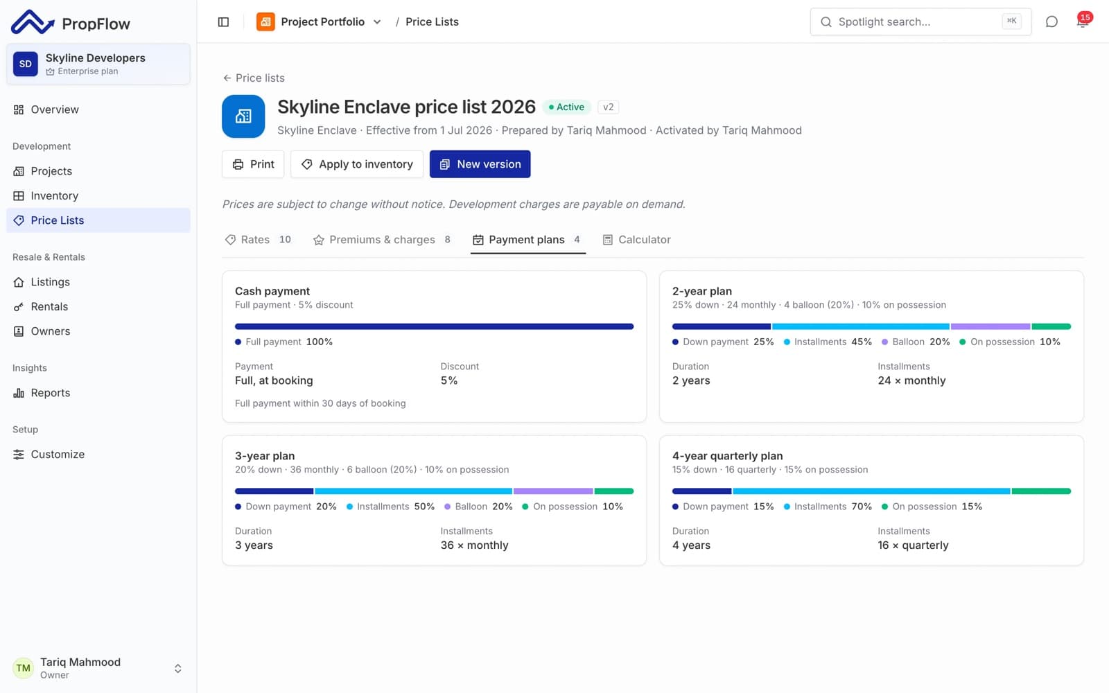PropFlow: Versioned price lists with premiums and 2, 3 and 4-year plans