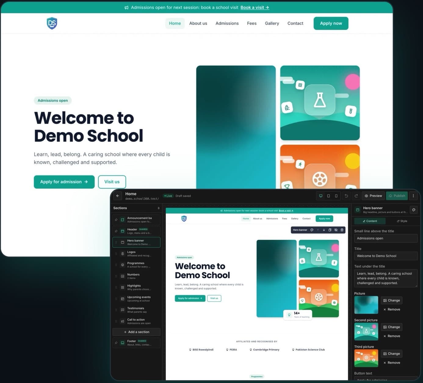 School360: School website builder: edit sections, then publish