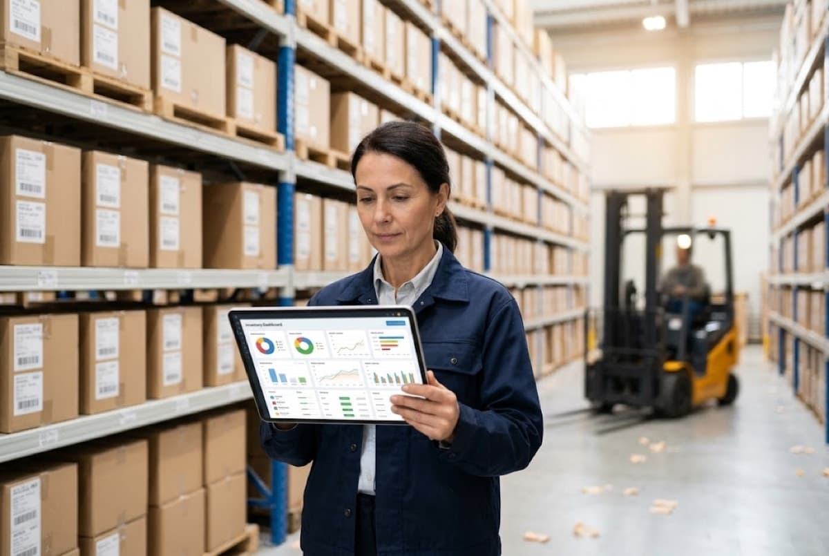 ERP system: an operations manager checking inventory on a tablet in a warehouse