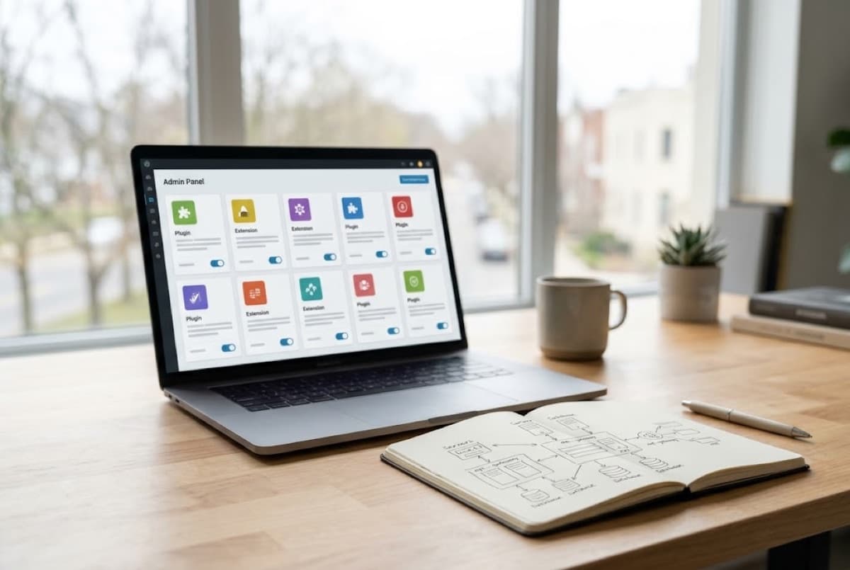 Plugin development: a website admin panel with plugin tiles on a laptop