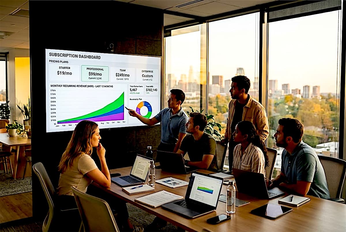 SaaS product development: a product team reviewing a subscription software dashboard