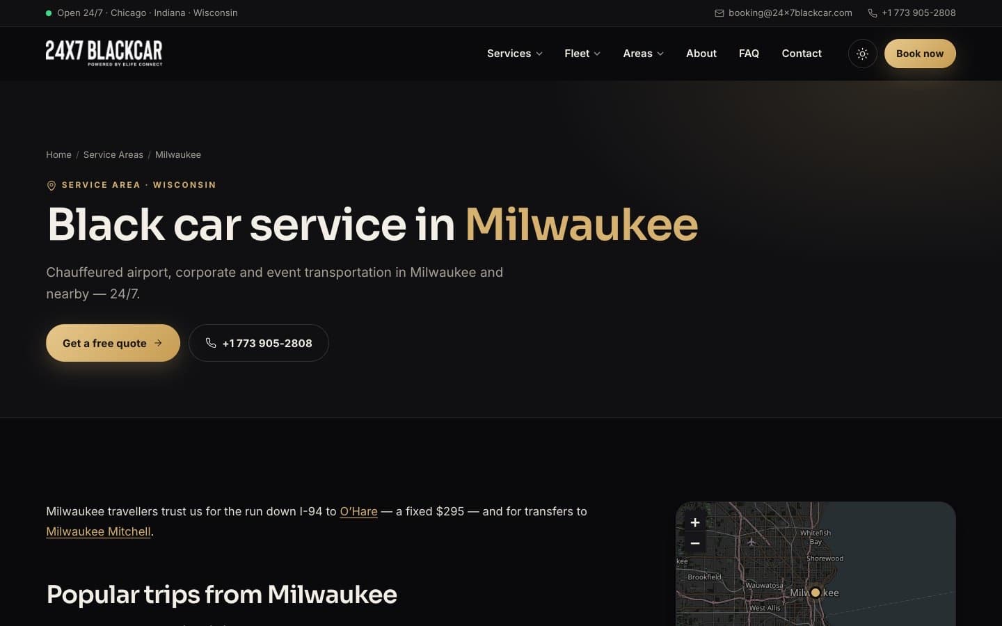 Service area page for Milwaukee with the headline Black car service in Milwaukee and a list of popular trips