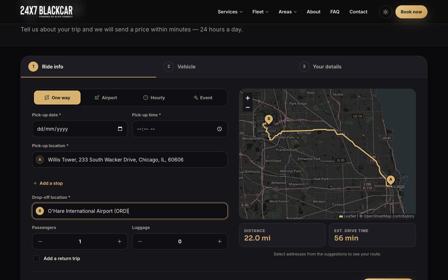 Booking form with Willis Tower as pick-up and O'Hare International Airport as drop-off, and a map showing the route, 22.0 miles and a 56 minute drive