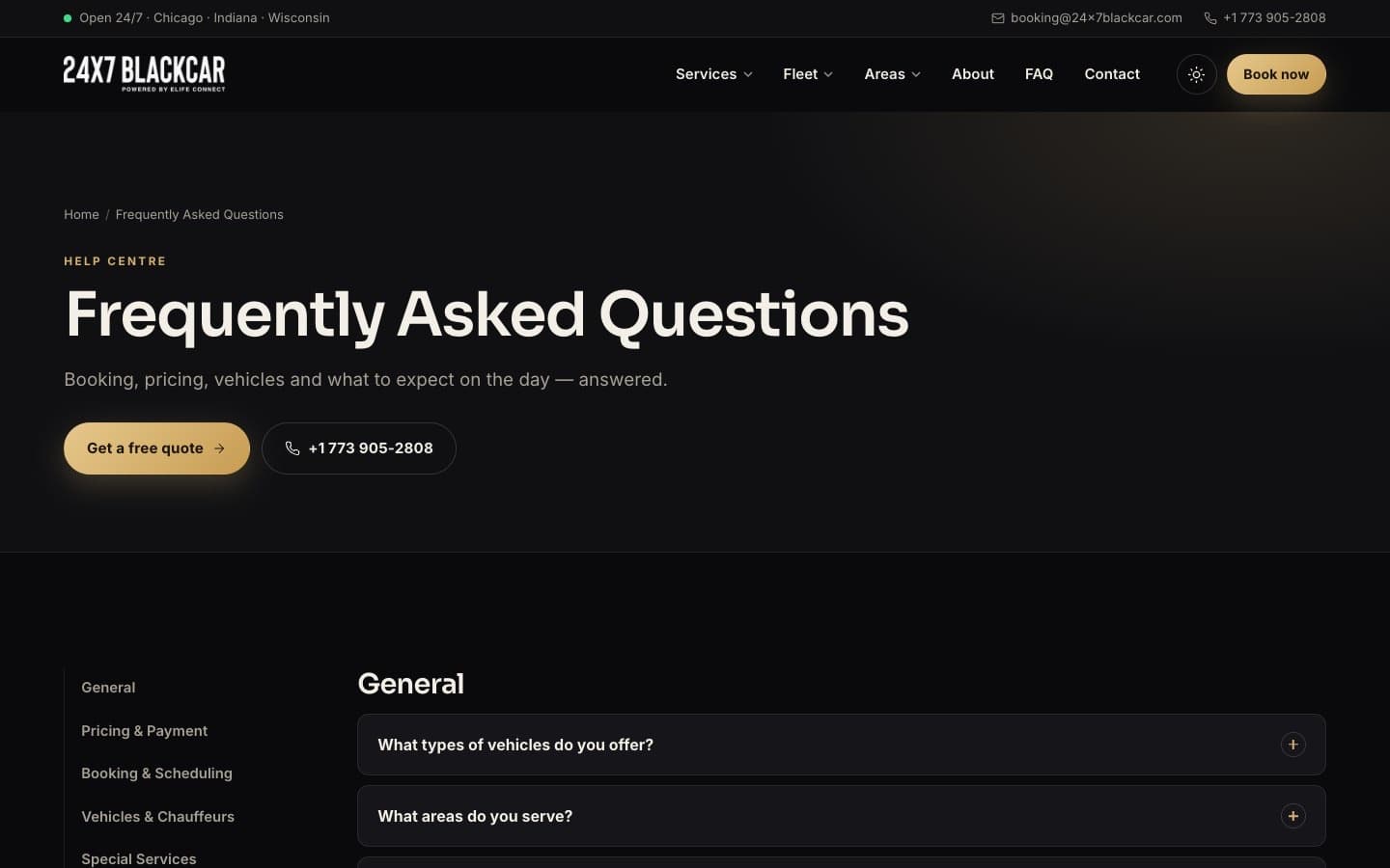 Frequently asked questions grouped by general, pricing, booking and vehicles