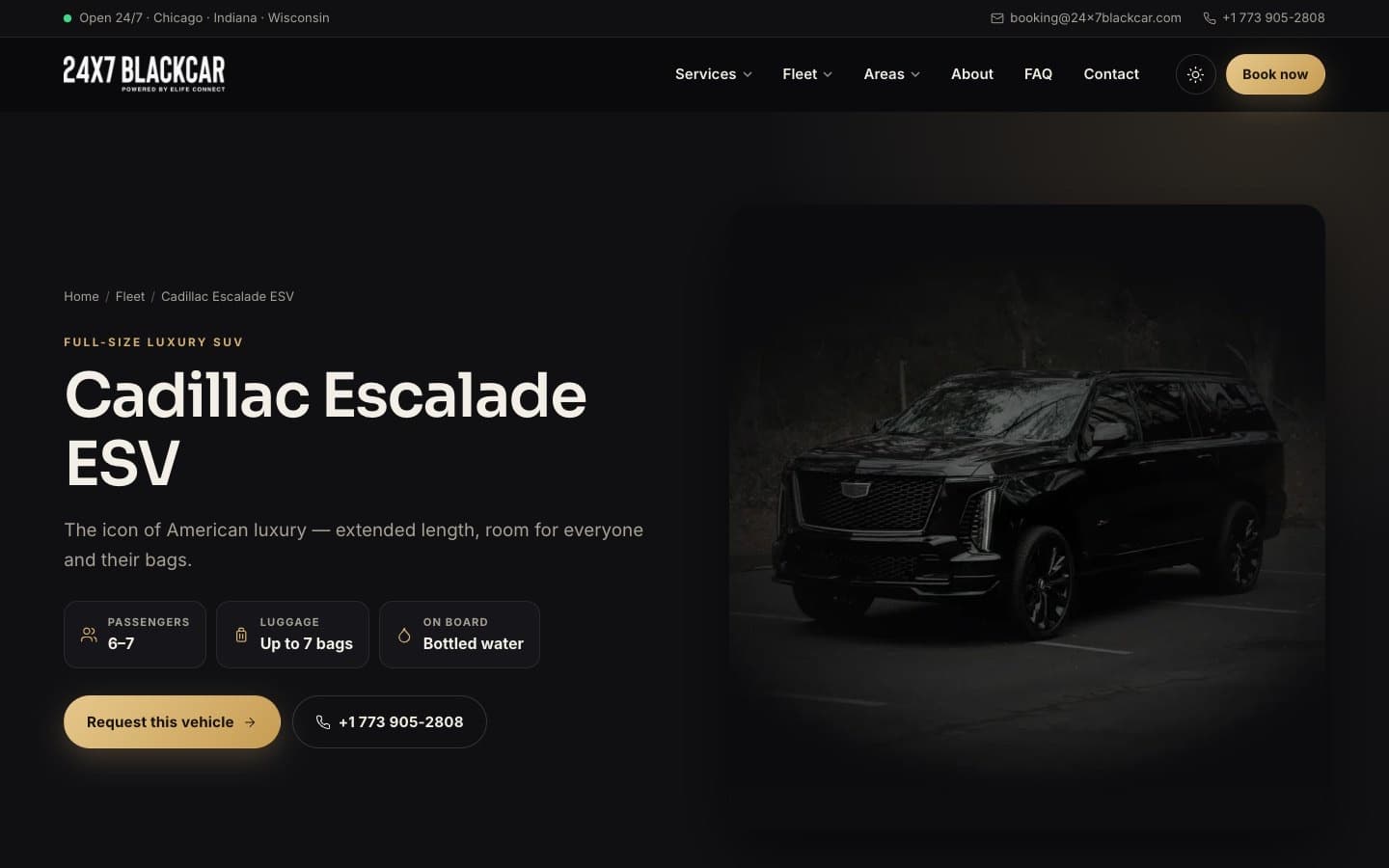 Cadillac Escalade ESV page with 6 to 7 passengers, up to 7 bags and bottled water included, and a Request this vehicle button