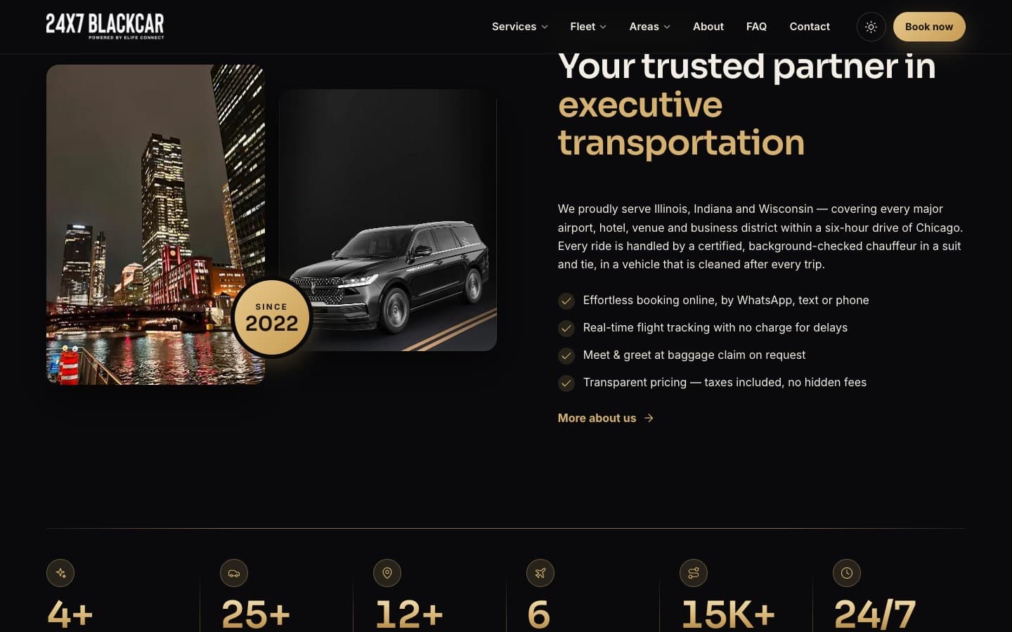 Home page section introducing the company with checks for live flight tracking, meet and greet and transparent pricing