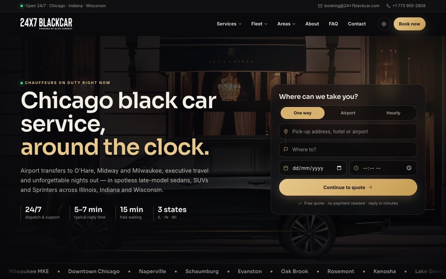 24x7 Black Car home page with the headline Chicago black car service, around the clock, and a quote widget with one-way, airport and hourly tabs