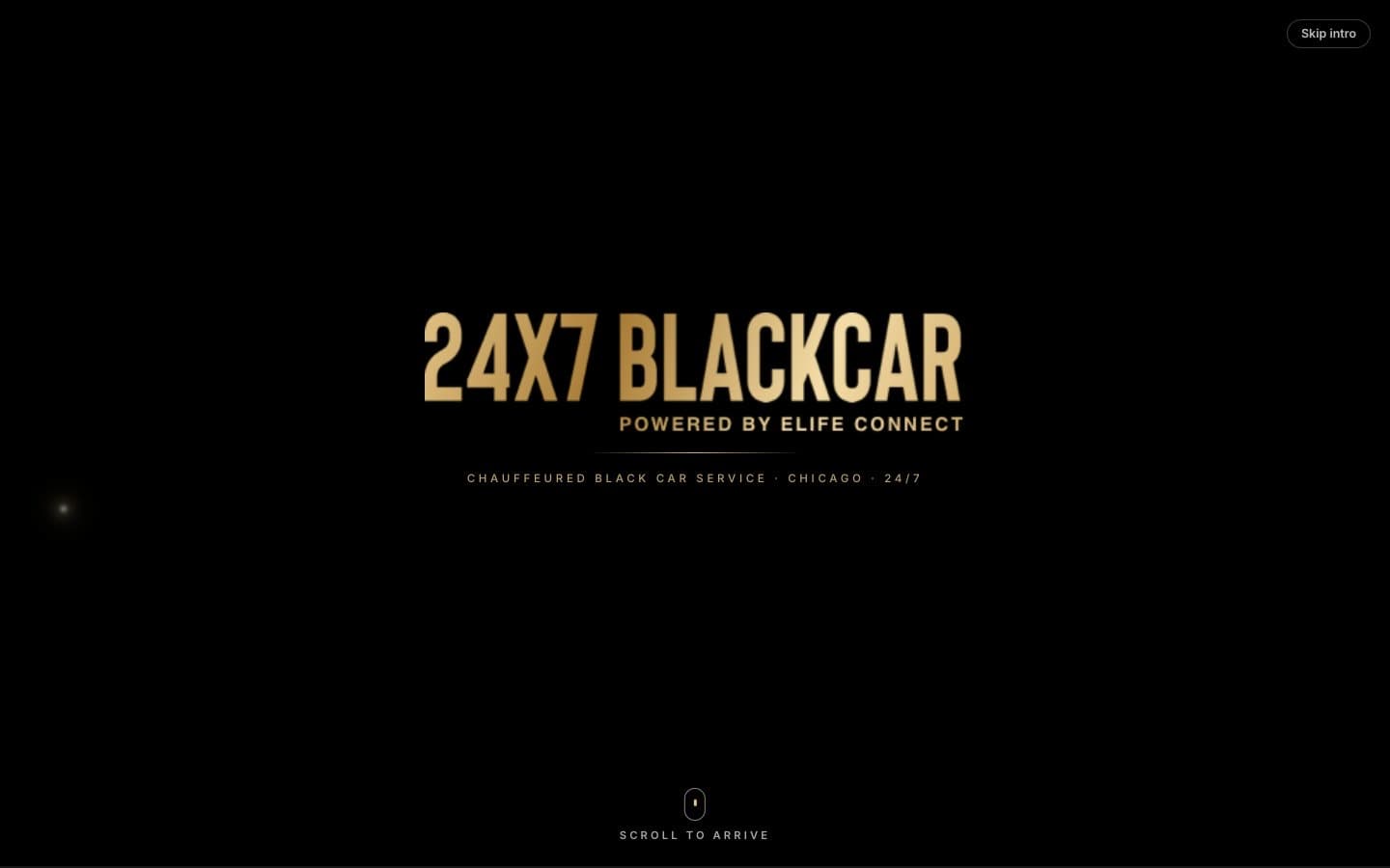 The opening scene: the 24x7 Black Car wordmark in gold on black, with a prompt to scroll
