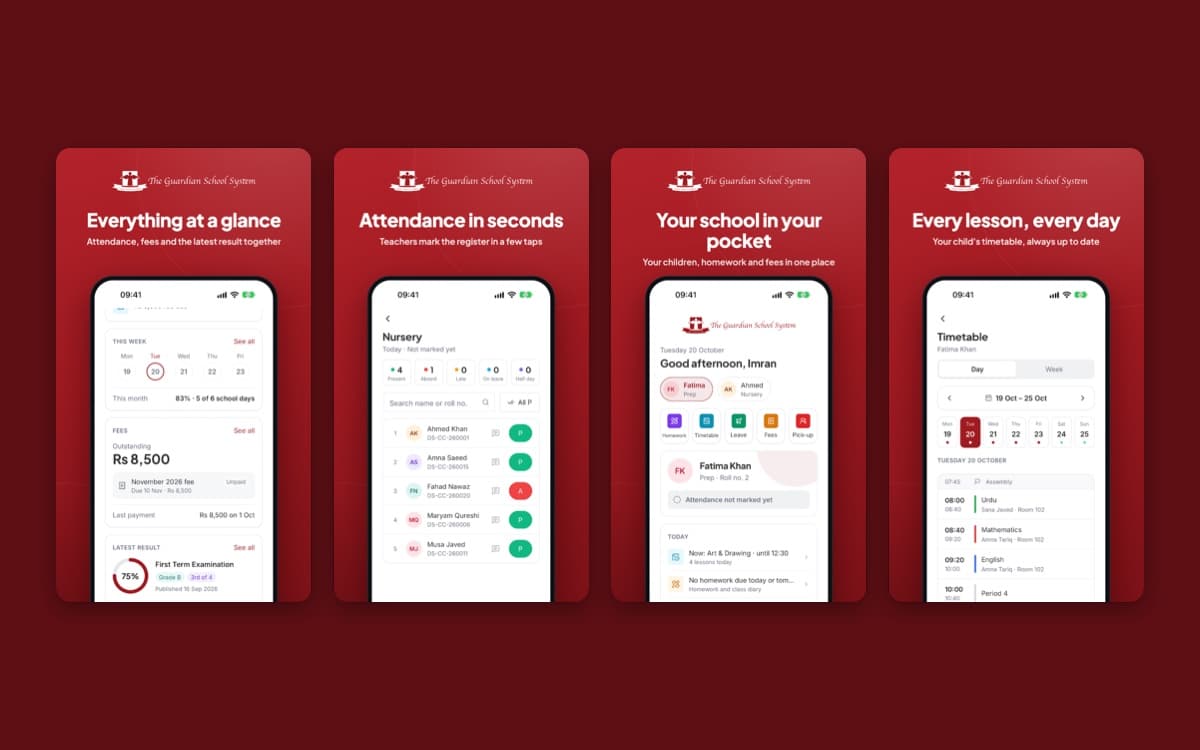 The Guardian School System app screens