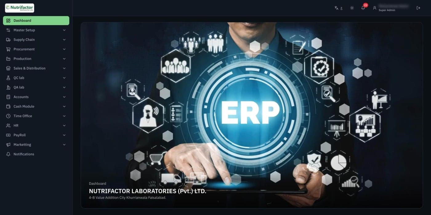 Nutrifactor ERP dashboard in dark mode with the full module menu