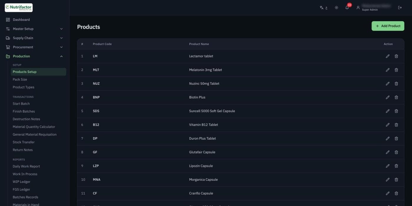 Products setup list in dark mode with product codes and names