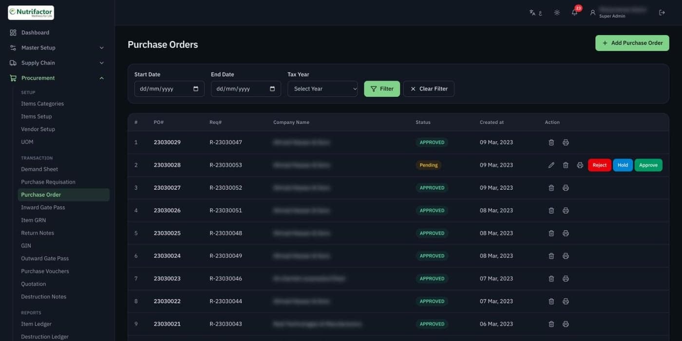 Purchase orders list in dark mode with requisition numbers, statuses and approve, hold and reject buttons