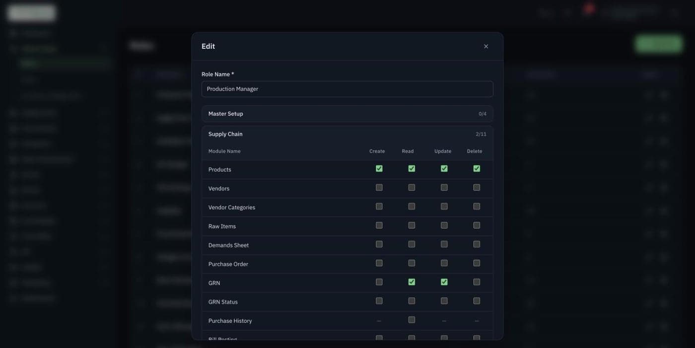 Role editor in dark mode with create, read, update and delete checkboxes for each supply chain screen