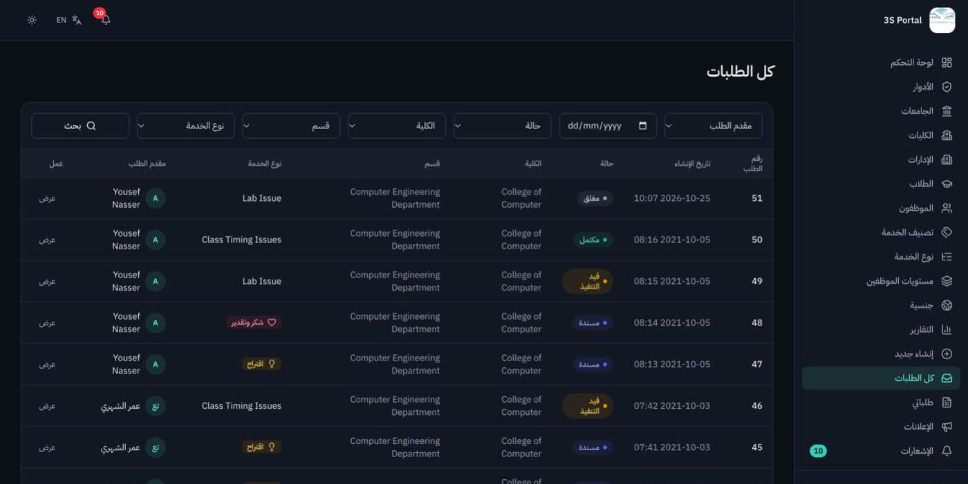 All requests list in Arabic in dark mode